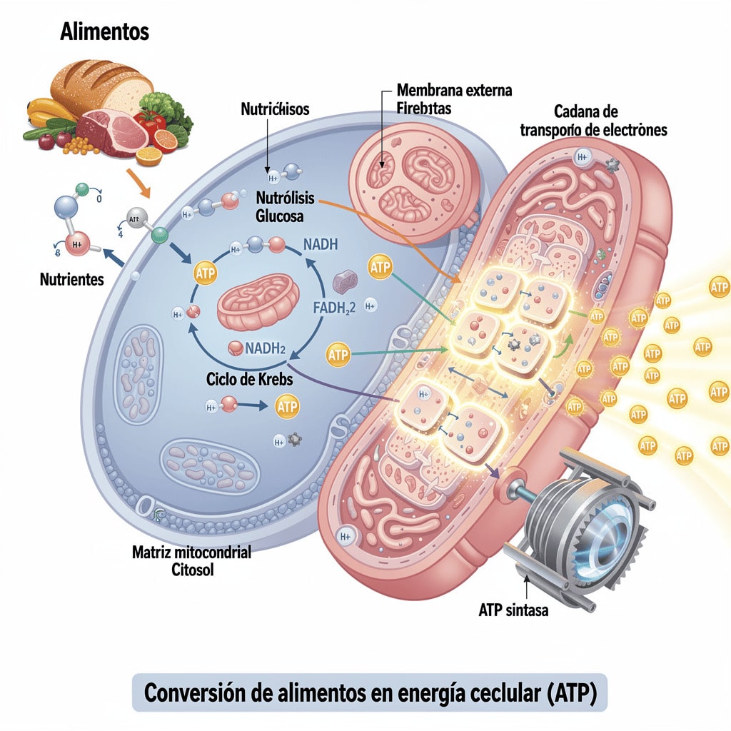 Representación de la conversión de alimentos en energía célular (ATP)